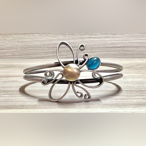 Christophe Poly Jewelry - Christophe Poly Modernist Chrono Silver & Gold Tone Aqua Flower Cuff Bracelet